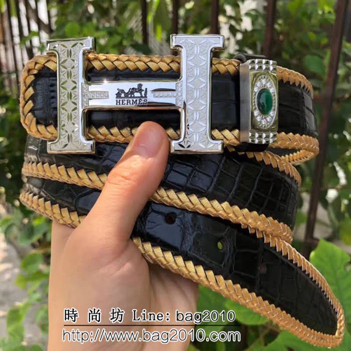 愛馬仕HERMES 純手工編織無拼接美洲鱷魚肚皮 高端男士皮帶 HHG1514